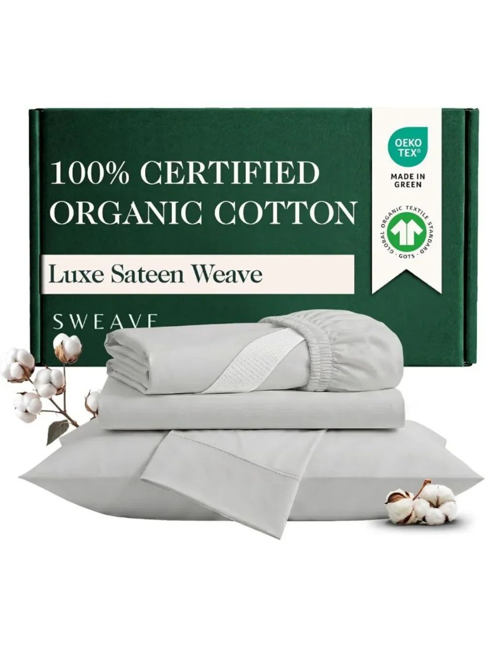 Organic Cotton Sateen Weave Queen Sheet Set - 4PCs, Light Grey, Eco-Friendly